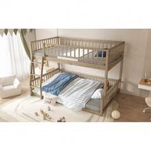 Ull XL Over Queen Bunk Bed With Ladder & Guardrails - Solid Wood Twin-Over-Full Bunkbed In Walnut Finish, Space-Saving Stacked Beds For Kids/Teens