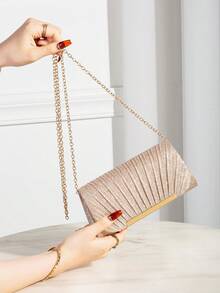 Túi cầm tay đính vải kim loại sang trọng quyến rũ có khóa từ, túi xách dự tiệc thời trang thanh lịch có dây đeo xích, thích hợp cho tiệc sinh nhật, tiệc tùng và đám cưới của phụ nữ - Vàng - Xem 4
