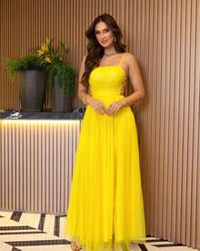 LONG BRIDESMAIDS WEDDING DRESS WITH TULL FLAT AND BRAIDED SHINE - YELLOW - View 1