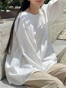优雅圆领白色宽松长袖女式上衣，飘逸廓形，主教袖，休闲宽松衬衫，全新街头通勤风格，秋季必备 - 白色 - 查看 1