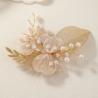 1pc Women's Natural Leaf Bow Bridal Wedding Hair Clip, Golden Leaf Adult Gift Hair Clip, Multi-Color Valentine's Day Accessories