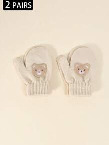 2双幼儿秋冬高弹力针织保暖手套，婴儿童可爱刺绣连指手套，宝宝防抓/咬手套，适合日常休闲穿着和冬季保暖单层手套 - 2雙 - 查看 16