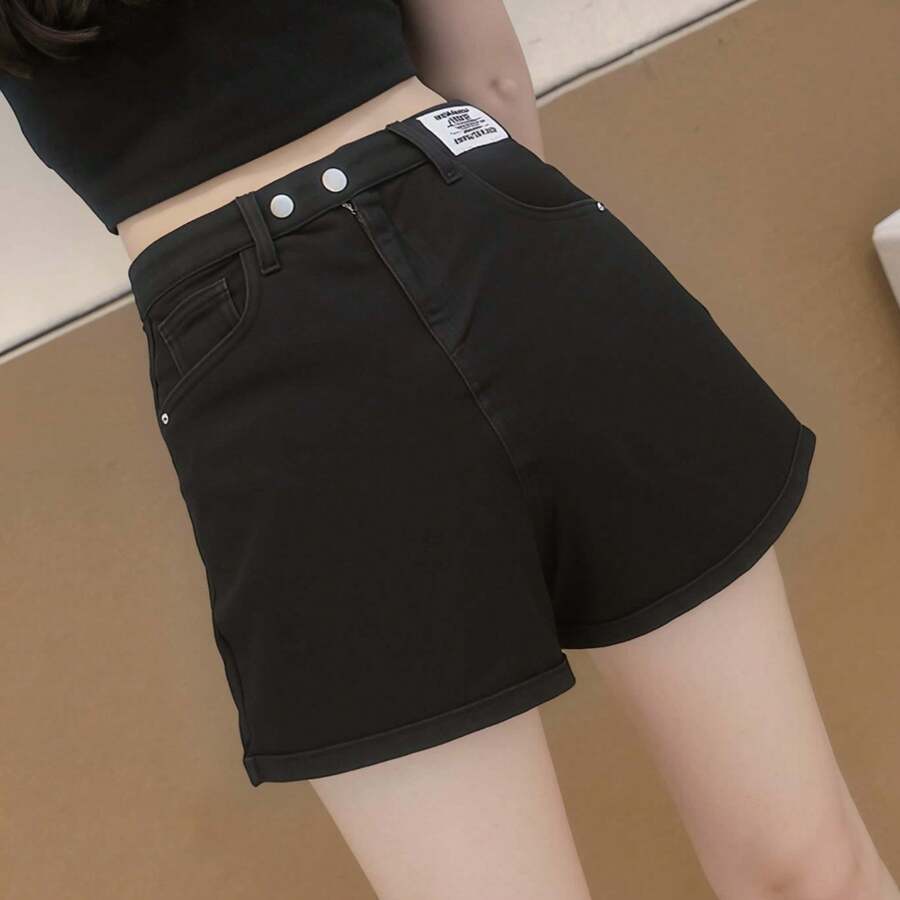 2025 nuevos pantalones cortos vaqueros femeninos bolsillo negro de doble hebilla casual con todas las comodidades que usan las chicas calientes - Negro - Ver 1