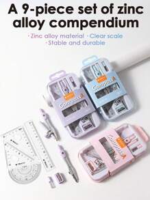 Un set de 9 instrumente de desen pentru elevi, rechizite de matematică și geometrie, inclusiv compas, rigle, triunghiuri, raportoare, rigle, ascuțitoare și creioane.