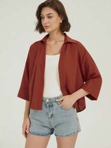 قميص أصفر زبدي واسع الأكمام للمكتب والأنشطة اليومية، أكمام ثلاثة أرباع للخريف المبكر، قميص فضفاض وأنيق للشارع