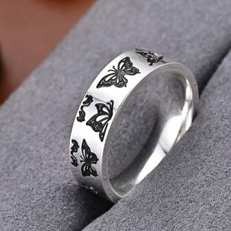 1pc Fashion Style Stainless Steel Ring, Antique Silvery Plated, 6mm Carved Butterfly Pattern, Single Band For Women, Daily Wear And Party Jewelry