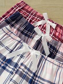 3条/包休闲格子印花蝴蝶结装饰睡裤，秋冬服装 - 彩色 - 查看 4