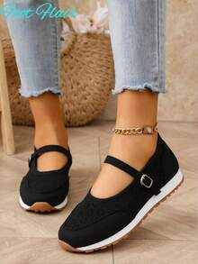 Women's Hollow Round Toe Soft Bottom Mary Jane Sports Shoes, Outdoor Sports Style Suitable For Sports And Daily Driving, All Season, Black PU Leather Casual Comfortable Breathable Flat Sports Shoes