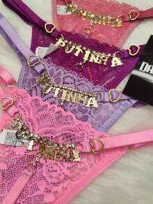 Lace Thong Panties With The Word P.U.T.I.N.H.A Rhinestone Lingerie Underwear - 紫色 - 查看 3