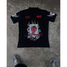 LOF1 Black Polo Shirt With Various Prints: Style And Personality In The Spotlight Loose Summer No Polo Collar - 黑色/皺眉 - 查看 1