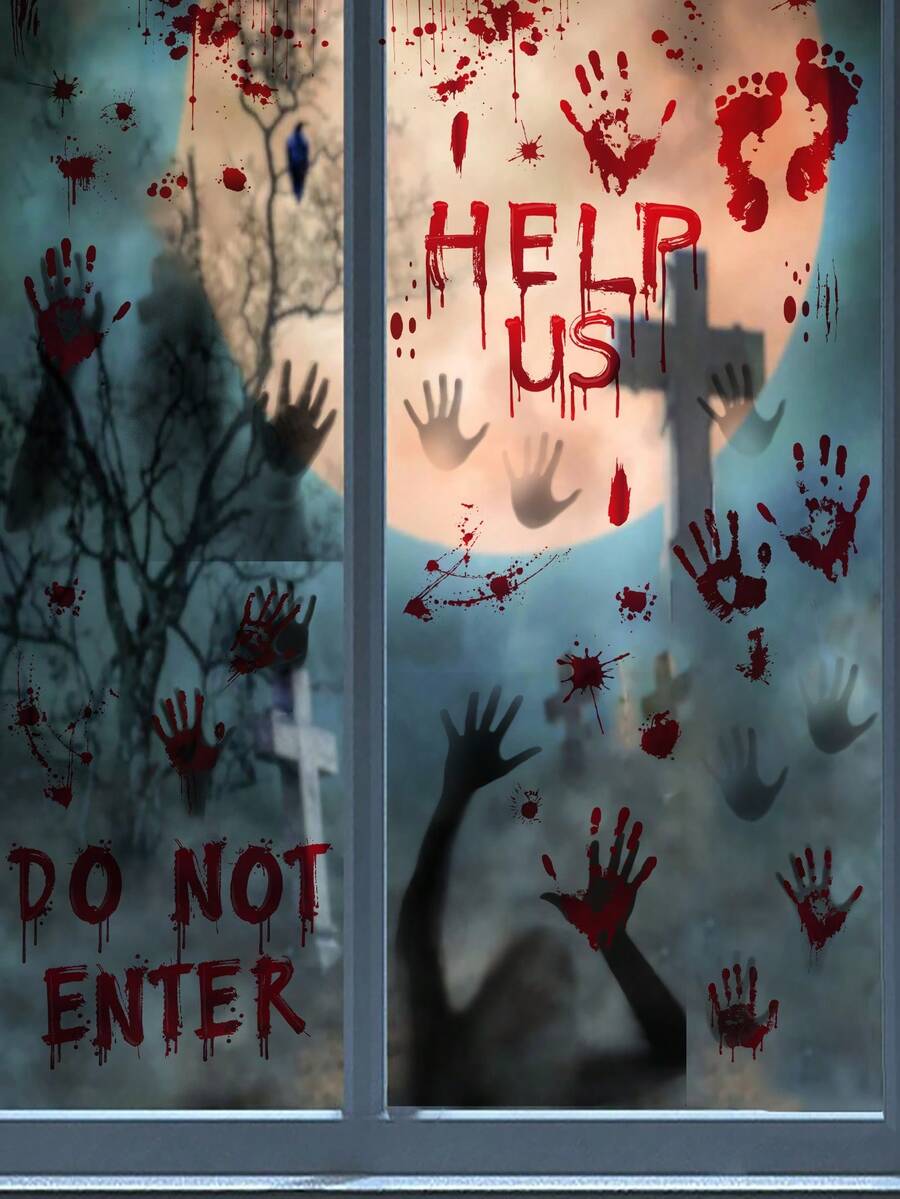 9 张“请勿进入”血手印窗贴，恐怖万圣节装饰窗贴，帮助美国万圣节贴纸贴花，适用于室内/室外恐怖派对家居门车浴室房间装饰家居装饰墙壁装饰墙贴 - 彩色 - 查看 1