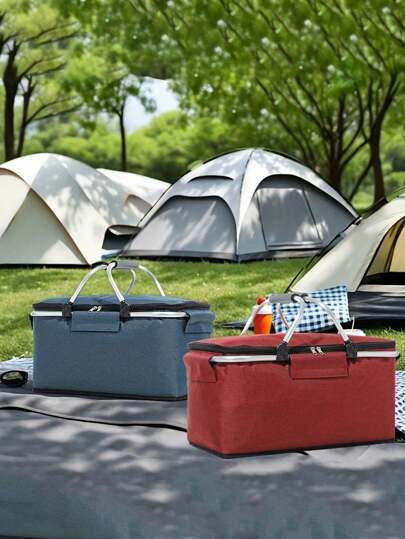 1 件便携式隔热冷藏篮 - 灰色牛津布，双拉链开合，耐用手柄，适合水果和蔬菜，非常适合野餐、烧烤和户外聚会，野餐篮 | 坚固的手柄篮 | 隔热冷藏篮，野餐篮