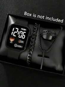 4pcs/Set Boy Square LED Love Airplane Digital Display Electronic Children's Watch And 3 Pieces Of Hip-Hop Bracelet Necklace Ring, Perfect Gift For Halloween And Christmas, Back To School Season Party Celebration Travel, As A Gift Souvenir For Friends And Family, Daily Wear Decoration - Multicolor - View 2