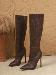 2025 秋冬性感时尚纯色尖头细高跟休闲百搭侧拉链修身咖啡色及膝靴女靴，棕色靴子 - 咖啡棕 - 查看 5