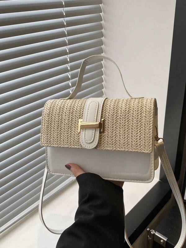 Sac à main tressé en paille d'été pour femmes, nouveau sac à bandoulière à la mode, sac carré bandoulière de couleur unie