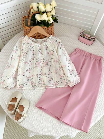 Humor Bear 2pcs Girls Fashion Jacquard Chiffon Lightweight Long Sleeve Top And Wide Leg Pants Set, Autumn