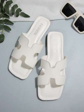 New Black H-Cut Flat Sandals: Square Toe, Comfortable Slip-On Design, Perfect For Beach Days & Casual Outings - Summer 2025 Black H-Shape Buckle Sandals: Faux Leather Flat Slides, Versatile & Stylish For Teen Girls & Women, Everyday Summer Footwear