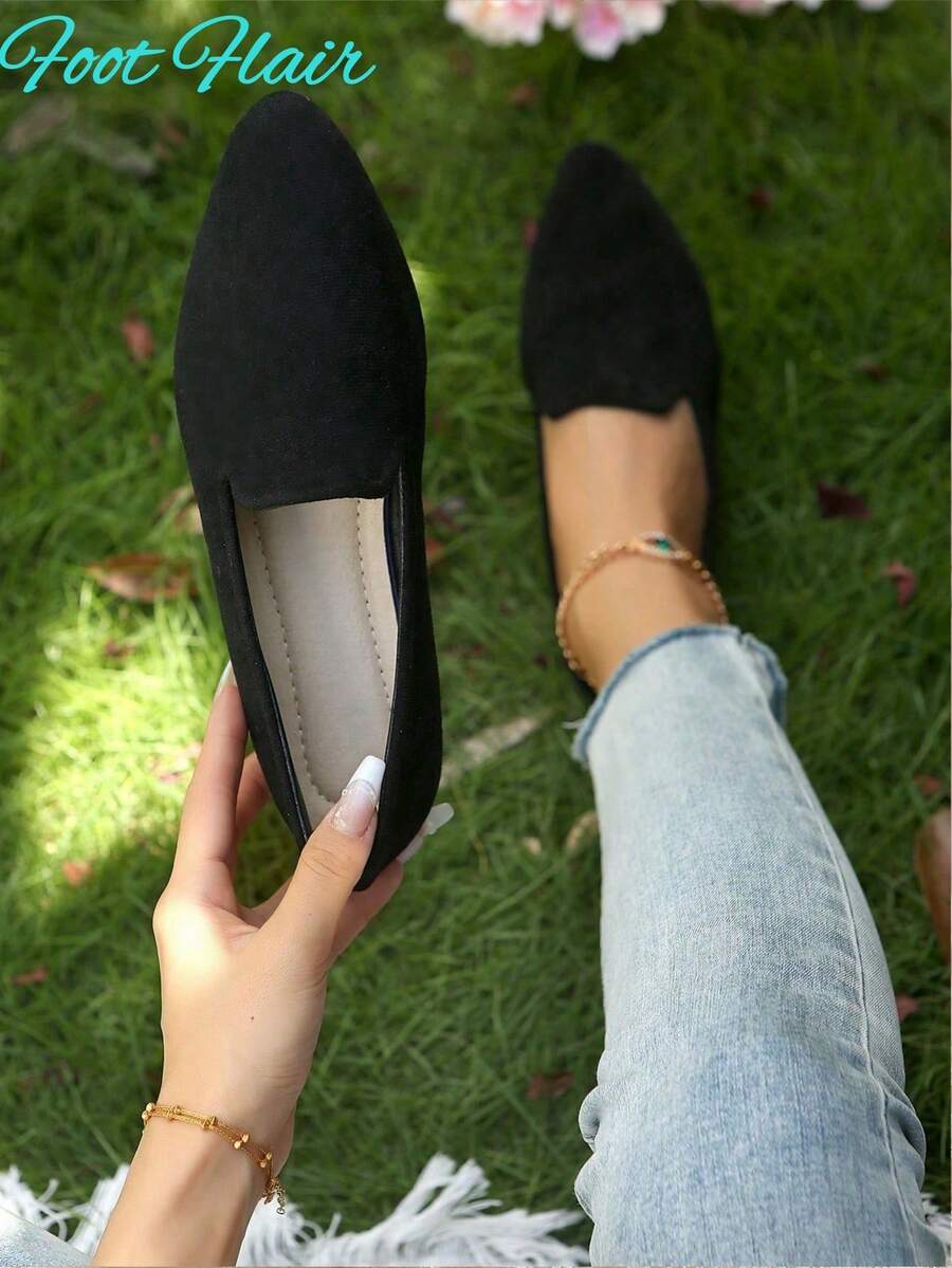 Sapatilhas femininas Foot Flair, sapatos baixos elegantes de camurça sintética com bico fino, adequados para o deslocamento diário, mocassins casuais pretos de cor sólida