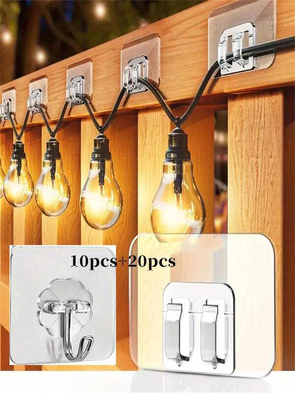 [50pcs Waterproof Hooks] 50pcs Durable UV Resistant Waterproof Plastic Transparent Hanging Hook Set | Perfect For Hanging Christmas Lights, Cable Management And Rope Organization, Suitable For Outdoor String Lights, Clear Self-Adhesive Clips