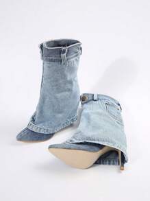 蓝色纯色性感西式休闲通勤西部中筒靴，新款尖头叠层高筒女靴，复古喇叭裤靴，厚底高跟马靴，适合婚礼、派对、办公室、室内和室外，春秋季