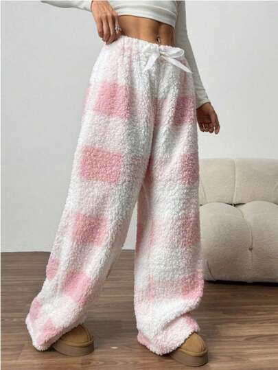 1pc Women's Plaid Fluffy Pants, Loose Casual Sleepwear Trousers, Thermal Lined Thick Fluffy Pants For Home Wear & Outdoor Wear, Spring/Autumn/Winter, Fall, Cozy
