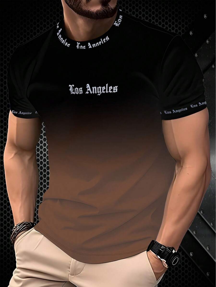 男士时尚洛杉矶字母渐变印花圆领短袖T恤，夏季 - 彩色 - 查看 1