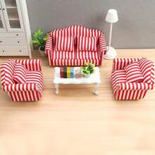 1 Set 1:12 Dollhouse Miniature Furniture Model Living Room Micro Scene, White & Red Plaid, Red Striped Floral Fabric Sofa Set Of 3 Pcs With 4 Cushions, Doll House Sofa, Loveseat, Miniature Furniture, Cute Small Sofa, Suitable As Christmas Gift, Holiday Gift - Multicolor - View 8