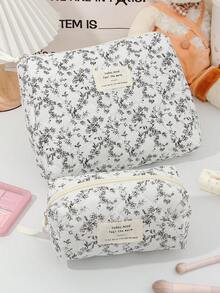 1Pc/Set White Base With Black Floral Pattern Quilted Makeup Bag Bohemia Retro Print Pattern Cosmetic Bag Fashionable Portable Makeup Organizer, Multi-Functional Storage Bag For Lipstick, Sanitary Napkin, Coins, Makeup Brushes,Etc Soft Fabric Floral Print Zipper Pouch Travel Essentials For Beach Vacation Holiday School Supplies Dorm Essentials Back To Schoolbag For School Travel Bag For Women - Multicolor - View 18