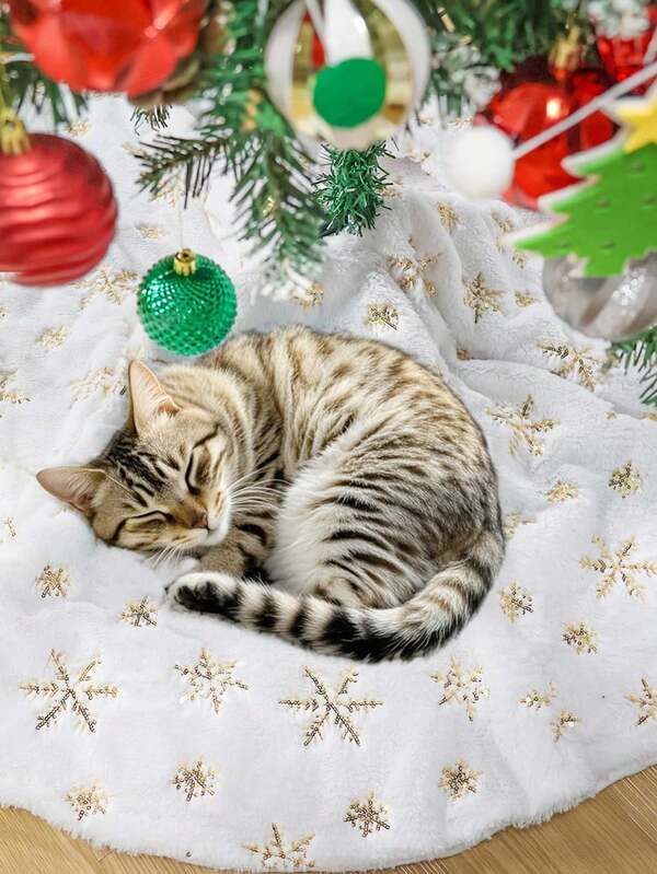 90-120cm Plush Printed Christmas Tree Skirt, Artificial Tree Bottom Decor Craft, Golden Snowflake Design, Suitable For Party, Christmas, Christmas Decoration, Christmas Home Decor Christmas Decorations Home Christmas Gifts Christmas Decor