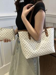 两件套女士大容量托特包，时尚撞色单肩包 PU，女大学生，新手和白领，适合办公室、大学、工作、商务、通勤、户外、旅行、郊游 - 白色 - 查看 4