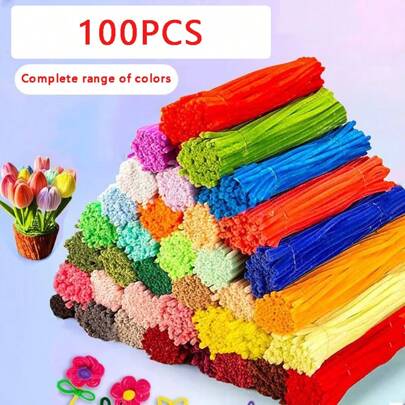 100 件管道清洁工具，彩色毛绒杆，管道清洁器，毛绒金属丝杆（带扭杆），弹簧