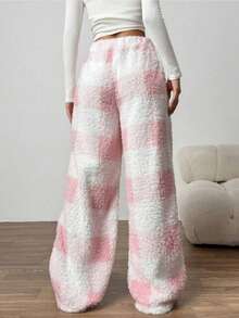 1pc Women's Plaid Fluffy Pants, Loose Casual Sleepwear Trousers, Thermal Lined Thick Fluffy Pants For Home Wear & Outdoor Wear, Spring/Autumn/Winter, Fall, Cozy - Pink - View 2