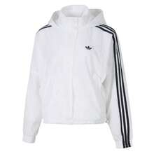 Adidas Originals 女士运动风衣夹克，3S 防风夹克，柔软舒适连帽都市通勤休闲上衣 JX1450 - 白色/黑色 - 查看 2
