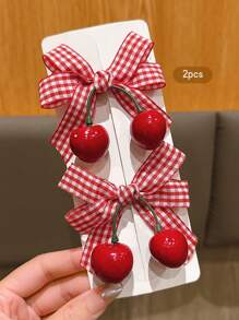 2 件可爱樱桃蝴蝶结发夹，甜美风格发饰适合日常使用，价格实惠的发饰