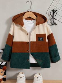 Jungen Lässige Outdoor Mode Kontrast Farbblock Patchwork Tasche Dekor Regular Fit Langarm Kapuzenjacke, Frühling & Herbst - Braun - Übersicht 1