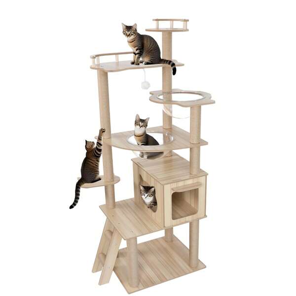 Ojisofu Cat Tower Hammock Made Of Wood Slim Design Freestanding For Large Cats Cat Tower For Multiple Cats Spaceship-Shaped Transparent Bowl Scratching Pole Cat Tree Easy To Climb - Easy To Assemble Stable Round Corner Design Can Be Used In Spring, Summer, Autumn And Winter 6-Story Tower Space-Saving Popular Stylish Scratching Post Hideout Observation Deck Relieves Lack Of Exercise Height Approx. 170cm