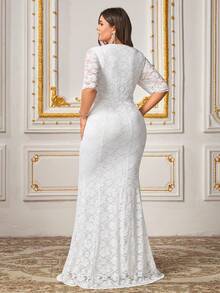 CHOSMO 大码女士蕾丝短袖连衣裙，适合婚礼、派对、生日、周年纪念、毕业典礼、音乐节、节日鸡尾酒会、正式晚宴、拍照、舞会、旅行、舞台表演和音乐会、情人节等场合，春季白色 - 白色 - 查看 4