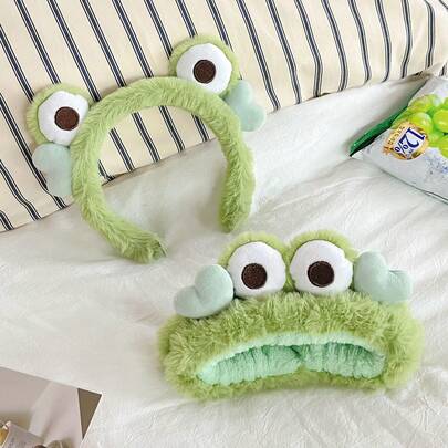 1pc/2pcs Autumn/Winter New Plush Headband With Green Frog Eyes & Heart Design, Cute Cartoon Hairband For Washing Face