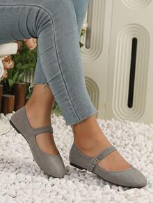 Women's Mary Jane Flats With Buckle Strap – Microfiber Suede Ballet Shoes With TPR Outsole – Casual Round Toe Slip-On Black Dress Flats - 灰色 - 查看 5