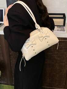 女士复古保龄球包，PU皮革材质，简约纯色手提包，多功能单肩斜挎包，适合工作、通勤、约会、派对等场合，时尚女士波士顿包