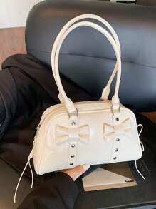 女士复古保龄球包，PU皮革材质，简约纯色手提包，多功能单肩斜挎包，适合工作、通勤、约会、派对等场合，时尚女士波士顿包