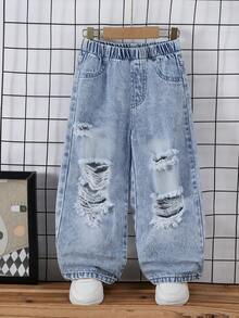1pc Toddler Boys' Fashionable Distressed Denim Wide Leg Jeans, Streetwear Style, Autumn/Winter New Arrival