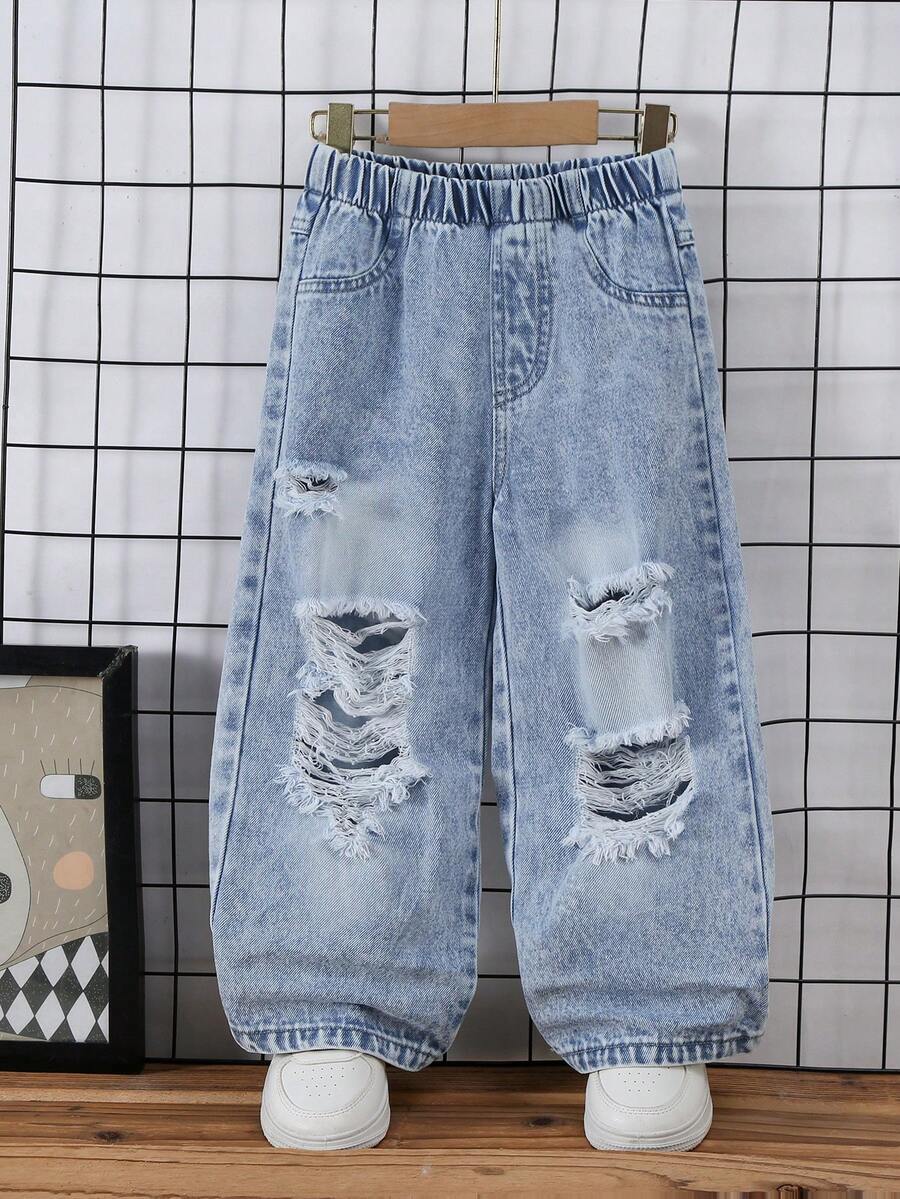 1pc Toddler Boys' Fashionable Distressed Denim Wide Leg Jeans, Streetwear Style, Autumn/Winter New Arrival