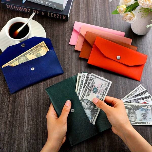 Rectangular PU Leather Snap-Button Cash Envelope Wallet, Available In Multiple Colors, Office Supplies, Used For Money Management, Budgeting And Check Storage.