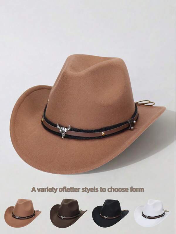 1 pieza Sombrero de fieltro de ala ancha unisex de moda con corona en forma de corazón, decorado con hebilla de metal de cabeza de toro de color contrastante, adecuado para exteriores, senderismo, equitación, estilo vaquero, para todas las estaciones