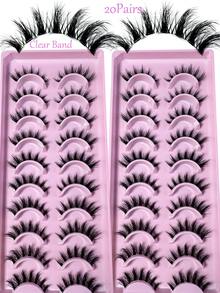 20Pairs Manga Cat Eye Style Natural Look False Eye Lashes With Clear Band Wispy Fluffy And Soft Faux Mink Lashes Makeup Extension - màu đen - Xem 3