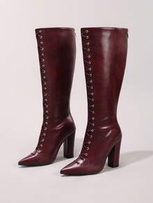 秋冬女士系带酒红色过膝长靴，性感尖头派对/舞会拉链粗跟高筒靴，时尚 - 酒紅色 - 查看 16