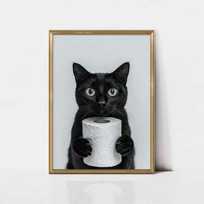 1pc Frameless Funny Black Cat Bathroom Print Wall Art, Whimsical Cat With Toilet Paper Poster, Striking Black And White Art, Humorous Cat Owner Gift, Bathroom Wall Decor For Dorm, Home Decor, Party Decor & Best Gift Choice Toilet Humor Art, Room Decor Bedroom, Decoration Bedroom, Prints For Wall, Back To School, Funkyposters, Cat Lover Gift