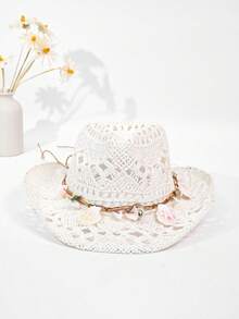 1 件草编巴拿马草帽，贝壳装饰，时尚个性化复古风，适合海滩、露营、旅行、骑行、摄影、约会、主题公园、游艇派对、音乐会