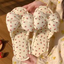 XIXITIAO 1 Pair Cute Strawberry Bow Slip-On Slippers, Quiet Linen Indoor Slippers For Women, Soft Sole Breathable House Shoes For All Seasons - White Strawberry Bow - View 2